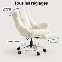 Réglages du fauteuil : inclinaison jusqu'à 135°, hauteur réglable, rotation à 360°, repose-pieds