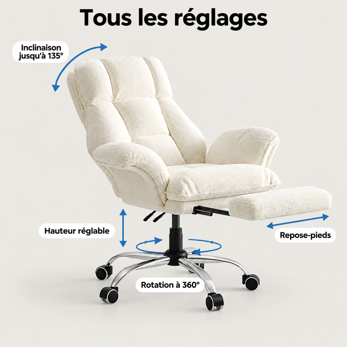 Réglages du fauteuil : inclinaison jusqu'à 135°, hauteur réglable, rotation à 360°, repose-pieds