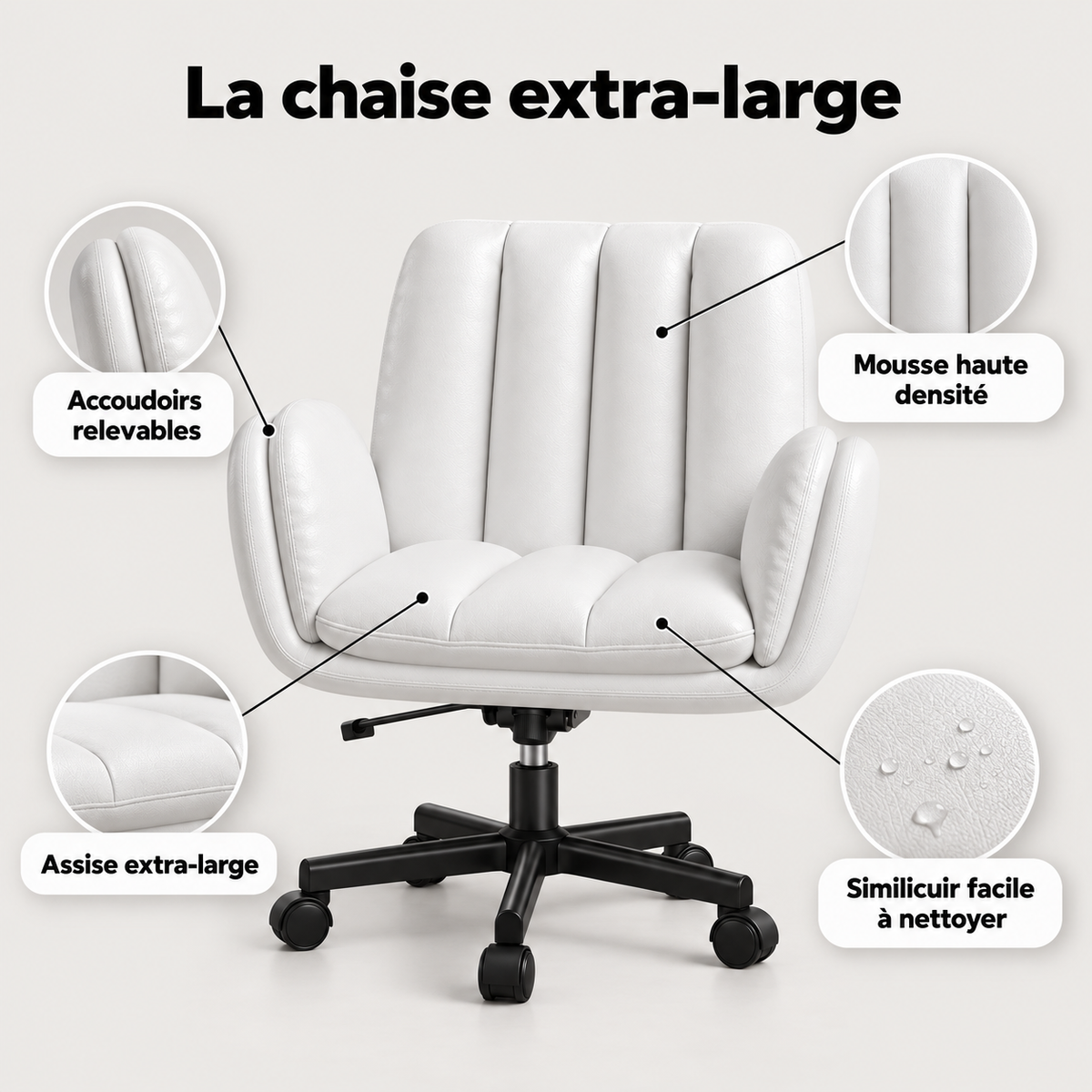 Points forts de la chaise extra-large : assise extra-large, accoudoirs relevables, mousse haute densité, similicuir facile à nettoyer