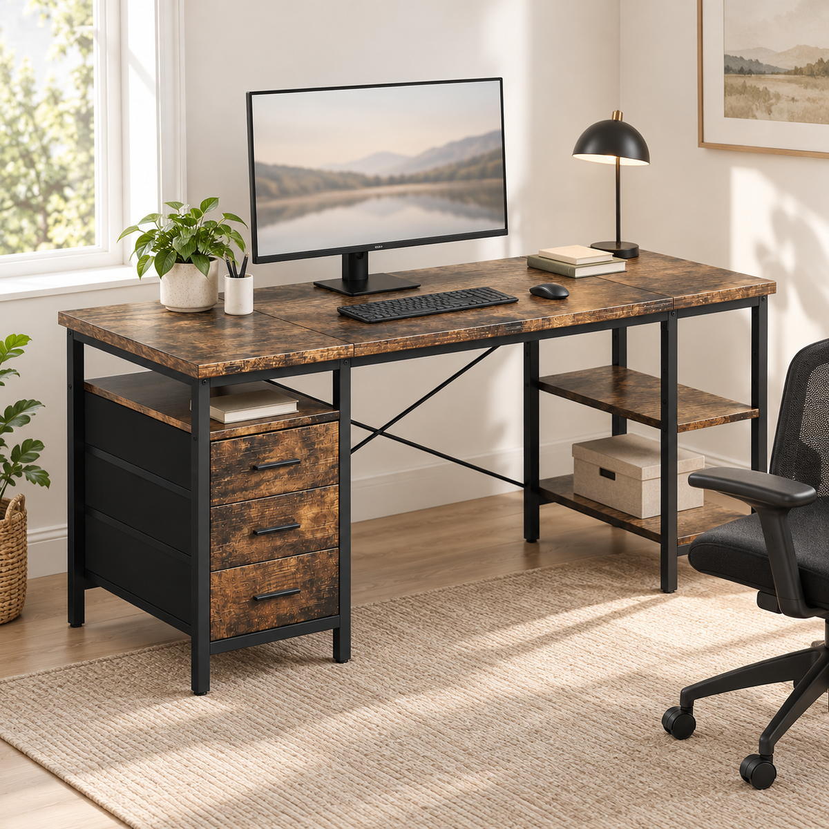 Bureau avec 3 tiroirs en tissu et étagères installé dans un bureau à domicile lumineux
