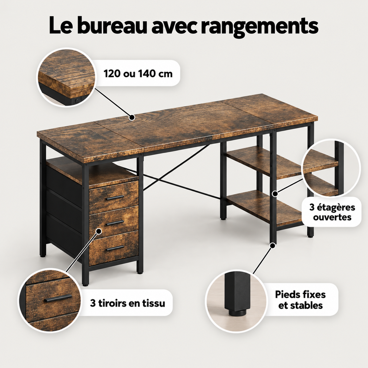 Points forts du bureau avec rangements : 3 tiroirs en tissu, 3 étagères ouvertes, pieds fixes, 120 ou 140 cm