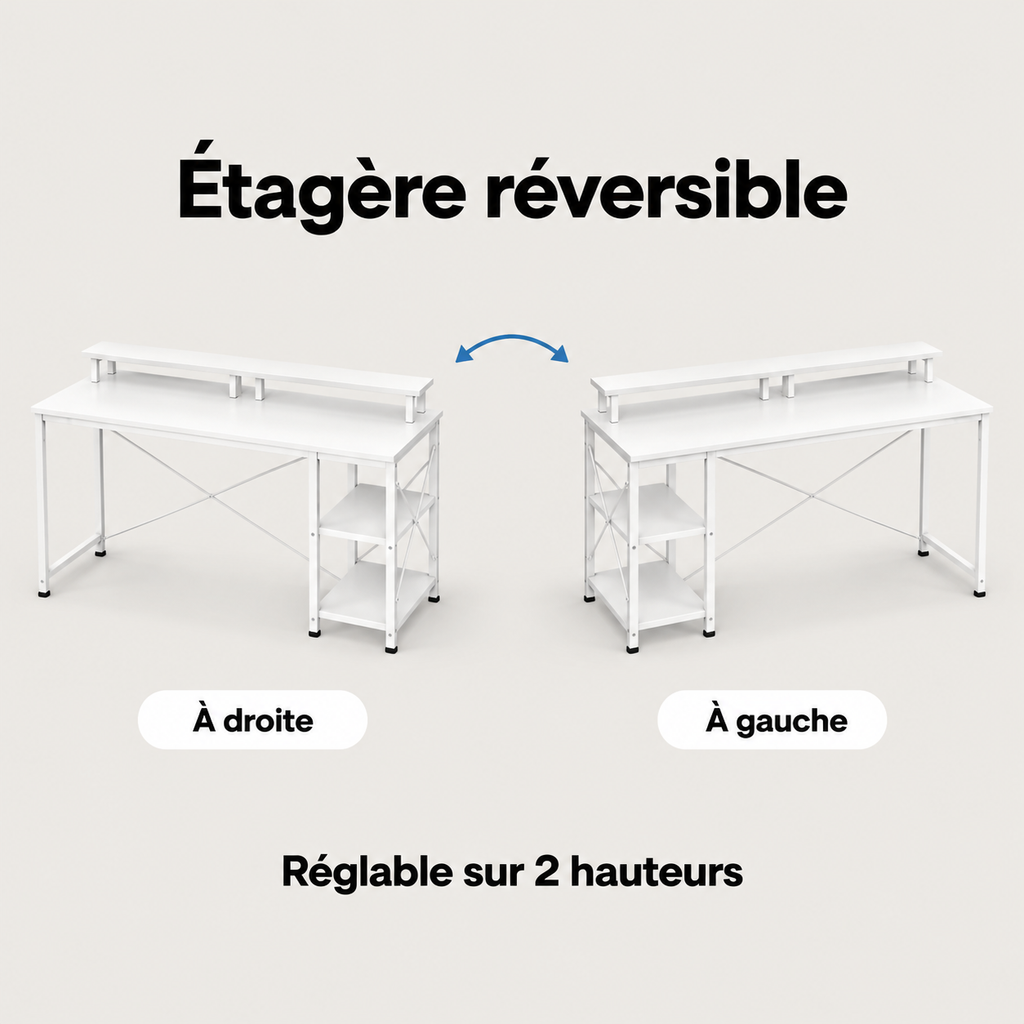 Étagère réversible du bureau blanc à droite ou à gauche, réglable sur 2 hauteurs