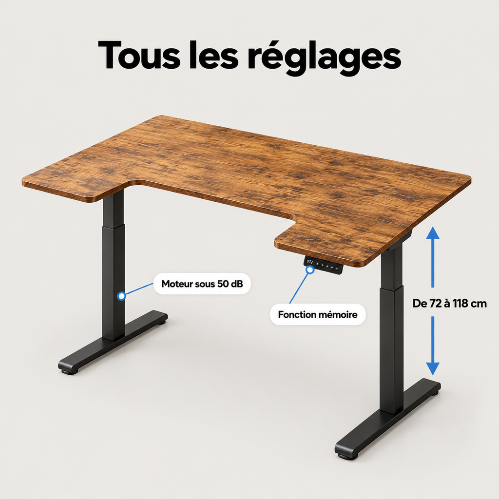 Réglages du bureau assis-debout : hauteur de 72 à 118 cm, fonction mémoire, moteur sous 50 dB