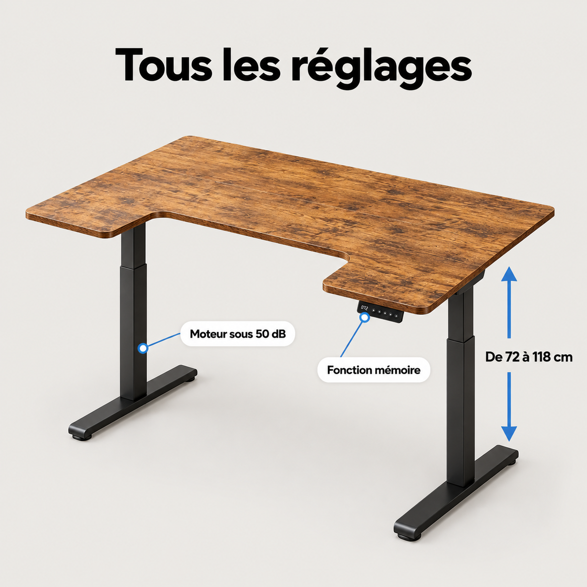 Réglages du bureau assis-debout : hauteur de 72 à 118 cm, fonction mémoire, moteur sous 50 dB