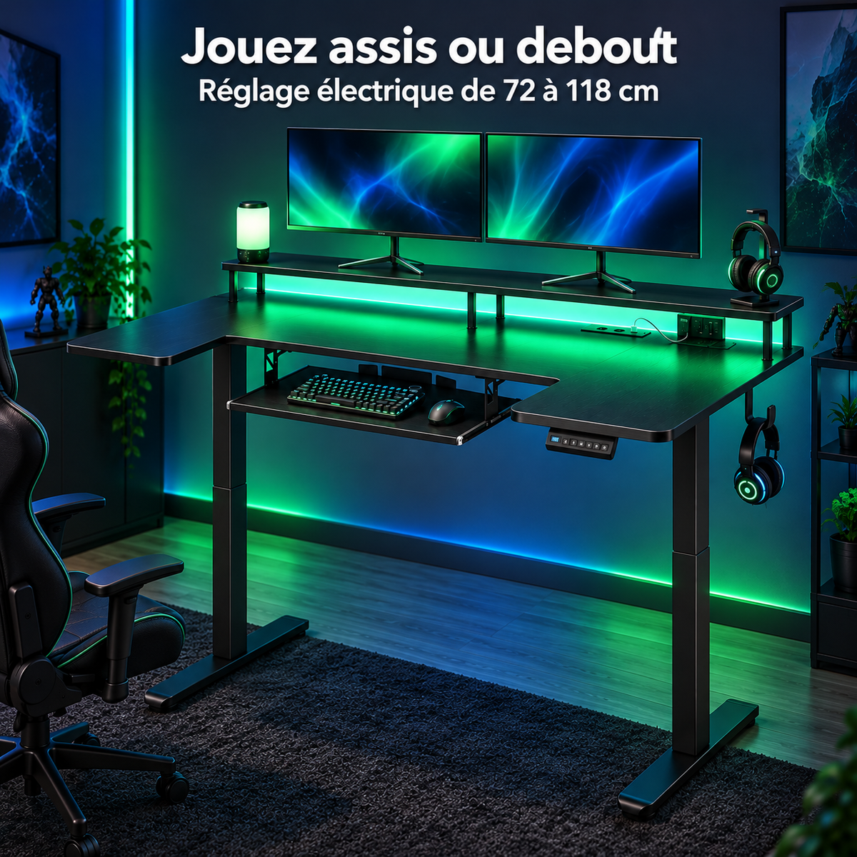 Bureau assis-debout électrique gaming noir relevé en position debout dans une chambre gaming