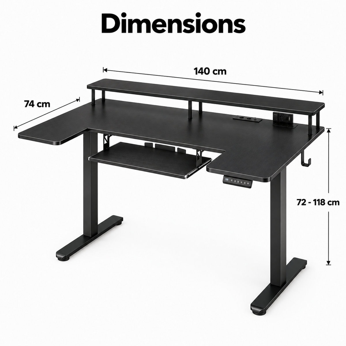 Dimensions du bureau gaming assis-debout : 140 x 74 cm, hauteur 72 à 118 cm