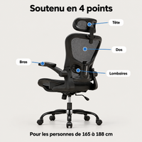 Chaise ergonomique avec soutien en 4 points : tête, dos, lombaires et bras