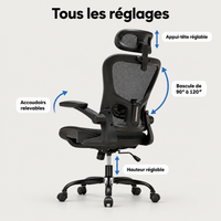 Réglages de la chaise ergonomique : bascule de 90° à 120°, accoudoirs relevables, appui-tête et hauteur réglables