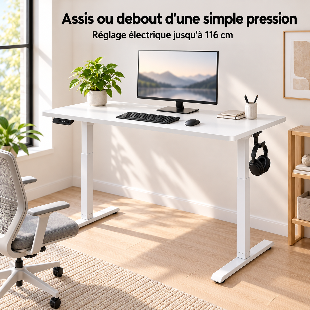 Bureau assis-debout électrique avec prise USB et crochet relevé en position debout