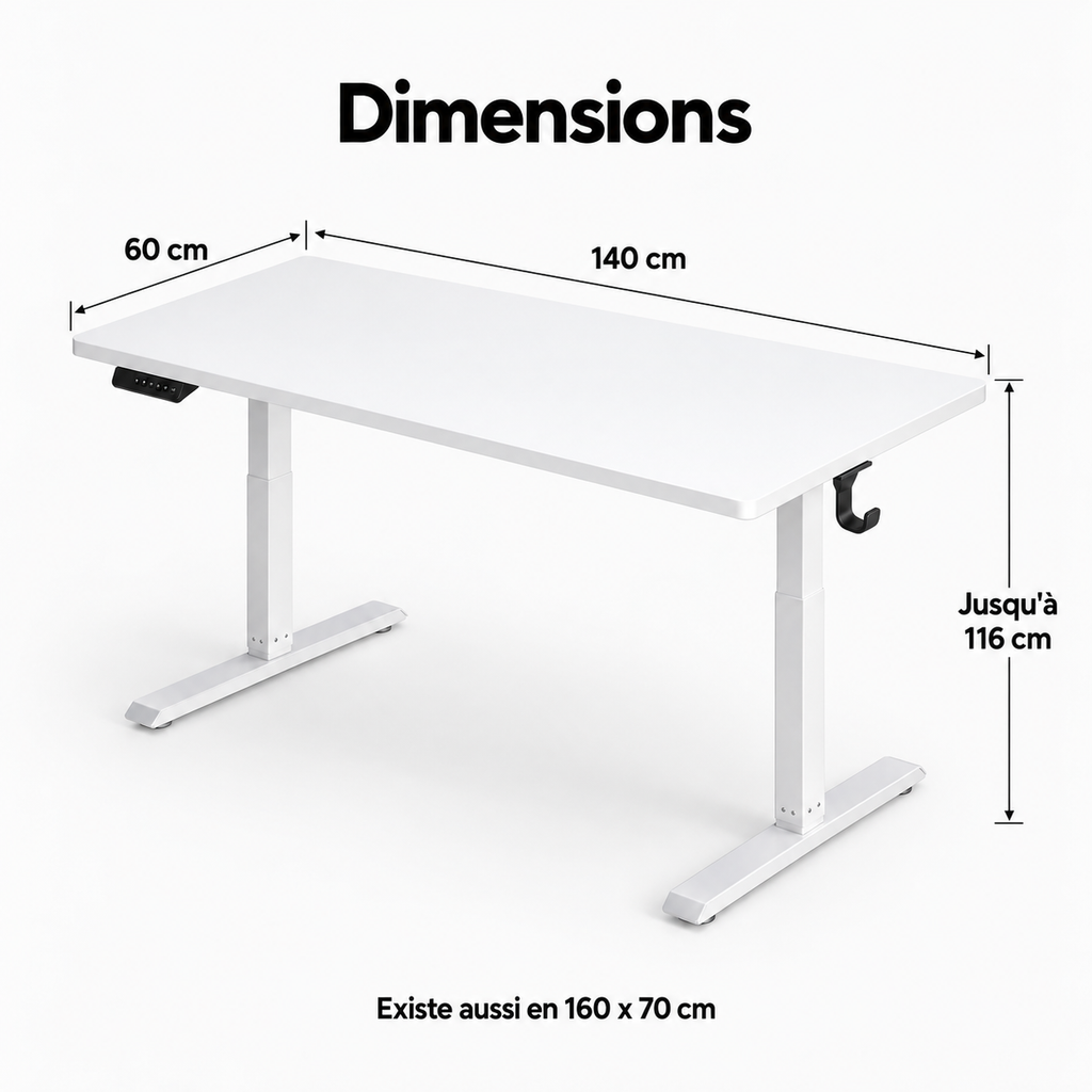 Dimensions du bureau assis-debout : 140 x 60 cm, hauteur jusqu'à 116 cm, existe en 160 x 70 cm