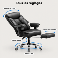 Réglages du fauteuil gaming : dossier de 90° à 150°, repose-pieds extensible, hauteur réglable, rotation à 360°