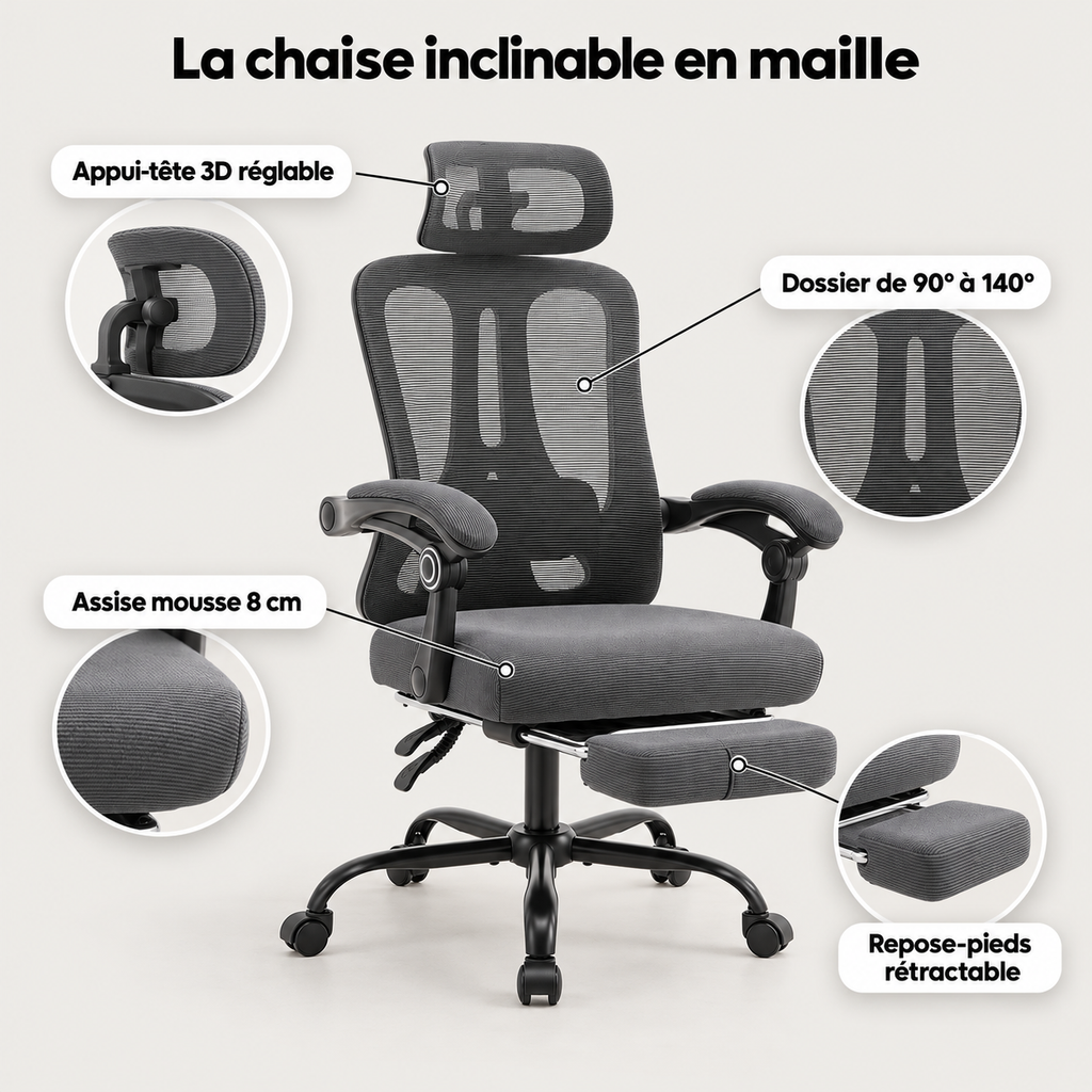 Points forts de la chaise inclinable : appui-tête 3D réglable, dossier de 90° à 140°, assise en mousse de 8 cm, repose-pieds rétractable