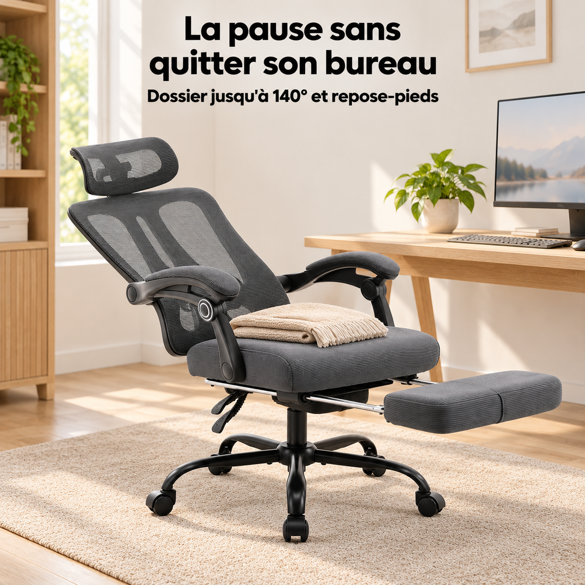 Chaise inclinée avec repose-pieds sorti pour une pause au bureau