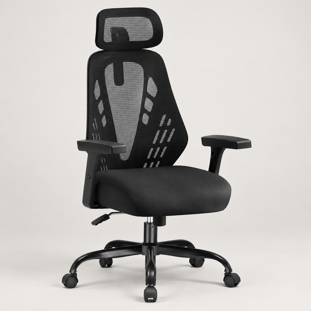 Chaise de bureau ergonomique en maille à bascule noire avec appui-tête, vue de trois quarts sur fond gris clair