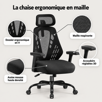 Points forts de la chaise ergonomique : dossier en V, maille respirante, accoudoirs réglables 3D, assise en mousse haute densité