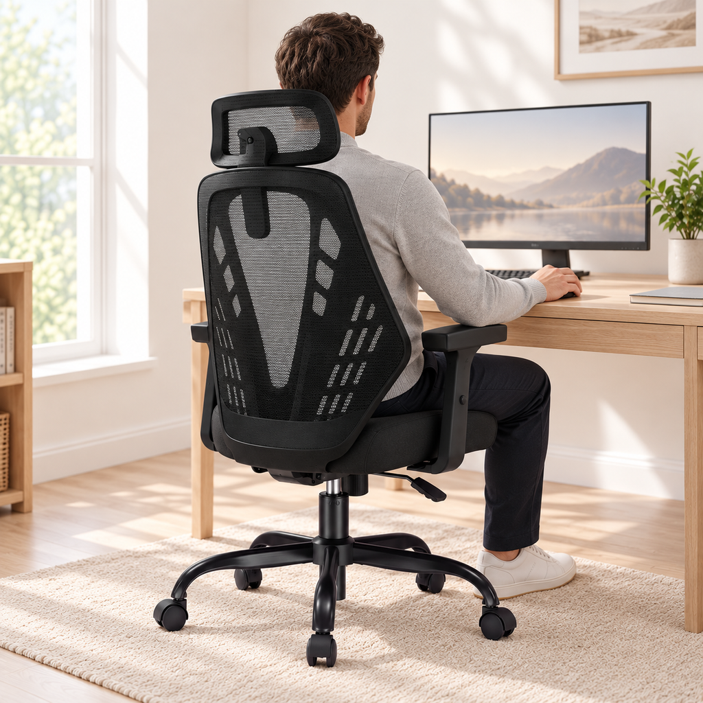 Homme assis dans la chaise ergonomique noire devant un écran, vu de dos