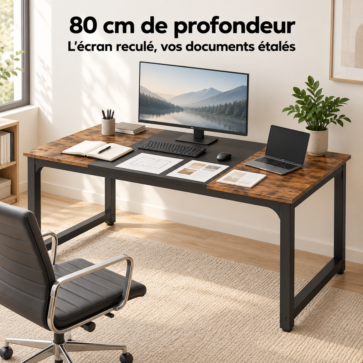 Grand bureau 160 x 80 cm avec un écran reculé et des documents étalés