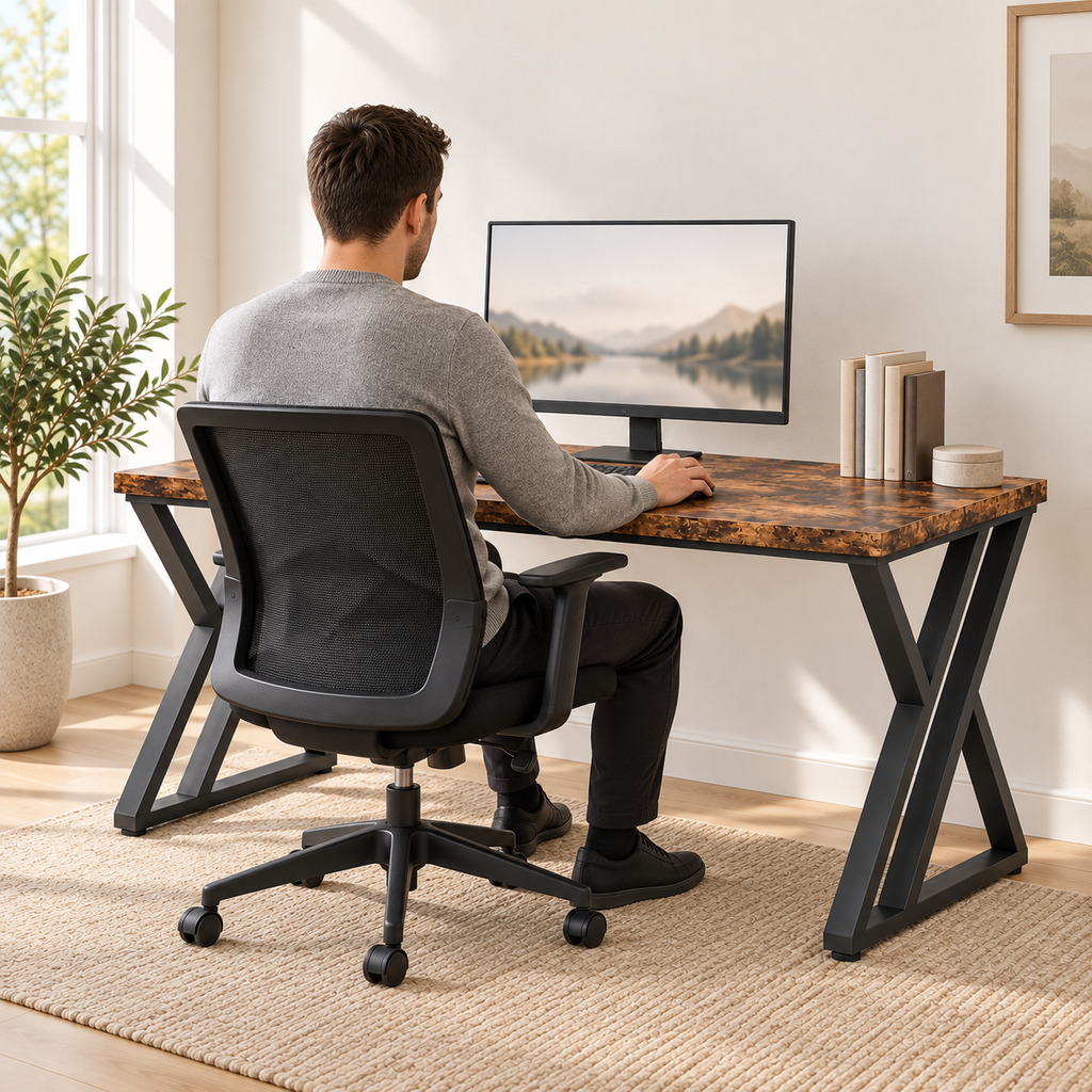 Homme travaillant au bureau industriel 140 cm, vu de dos