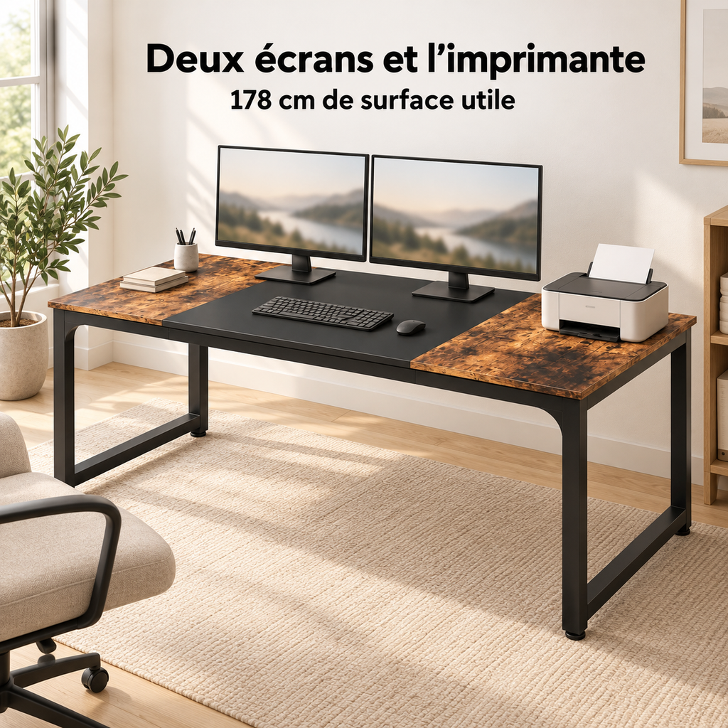 Grand bureau 178 cm avec deux écrans et une imprimante