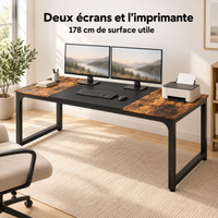 Grand bureau 178 cm avec deux écrans et une imprimante