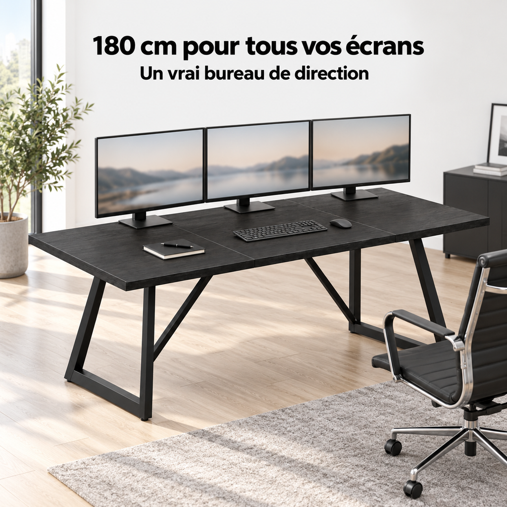 Bureau de direction 180 cm noir avec trois écrans installés