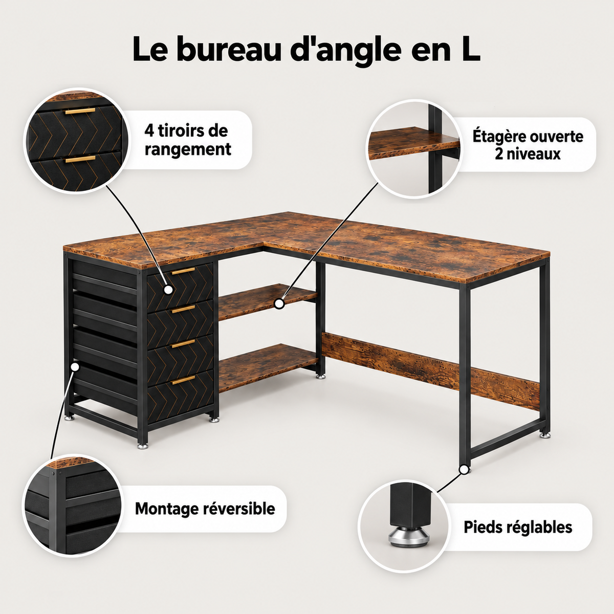 Points forts du bureau d'angle en L : 4 tiroirs de rangement, étagère ouverte 2 niveaux, montage réversible, pieds réglables