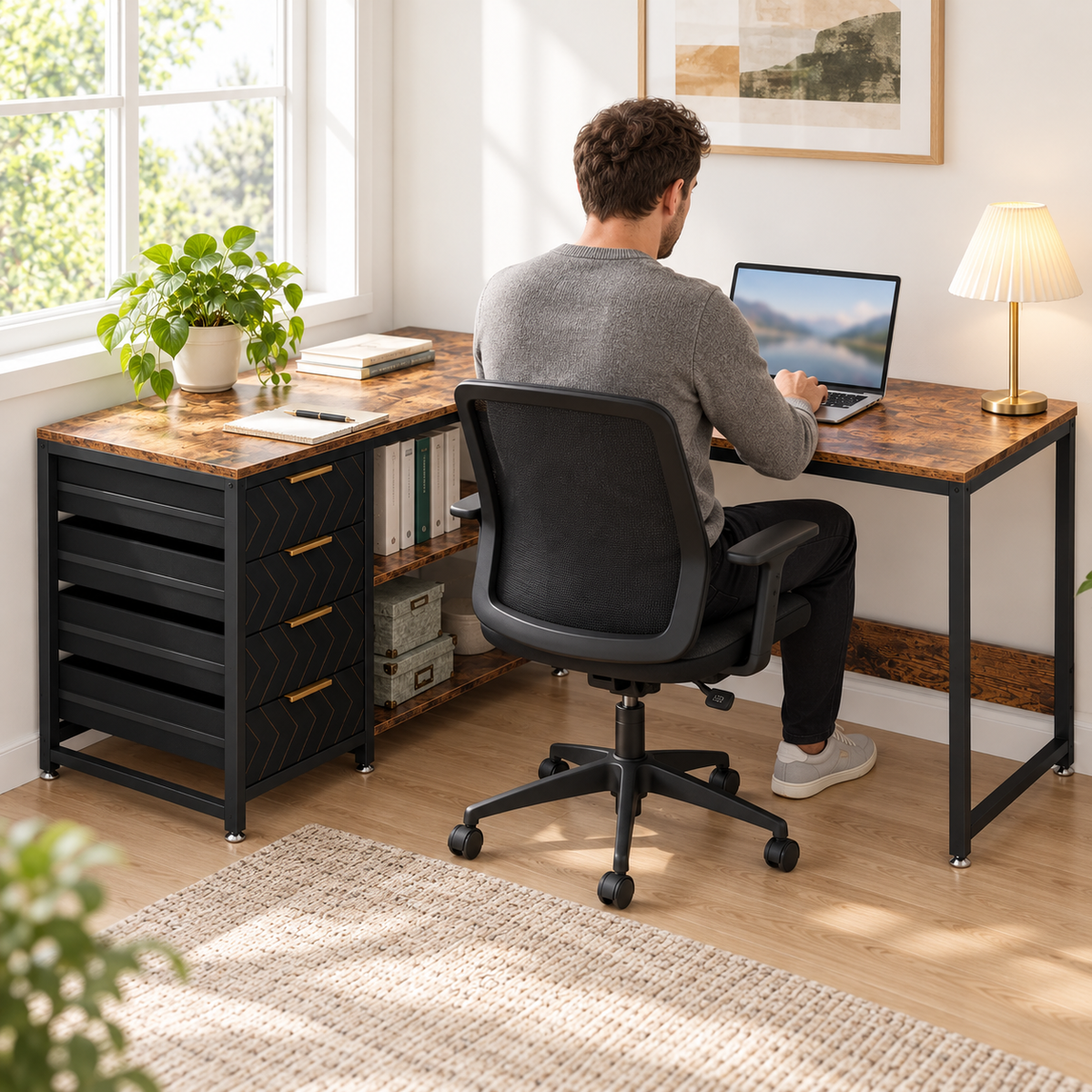 Homme travaillant sur un ordinateur portable au bureau d'angle en L, vu de dos