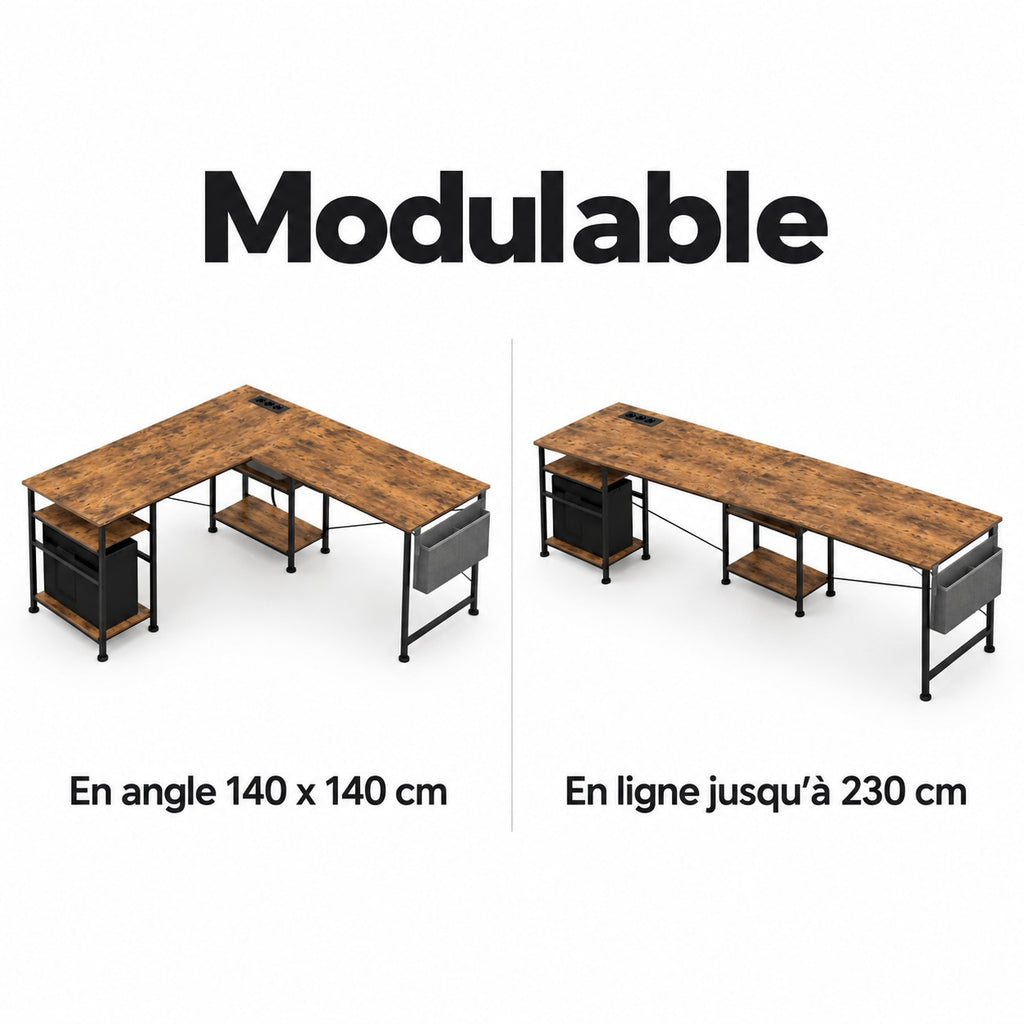 Bureau modulable installé en angle 140 x 140 cm ou en ligne jusqu'à 230 cm