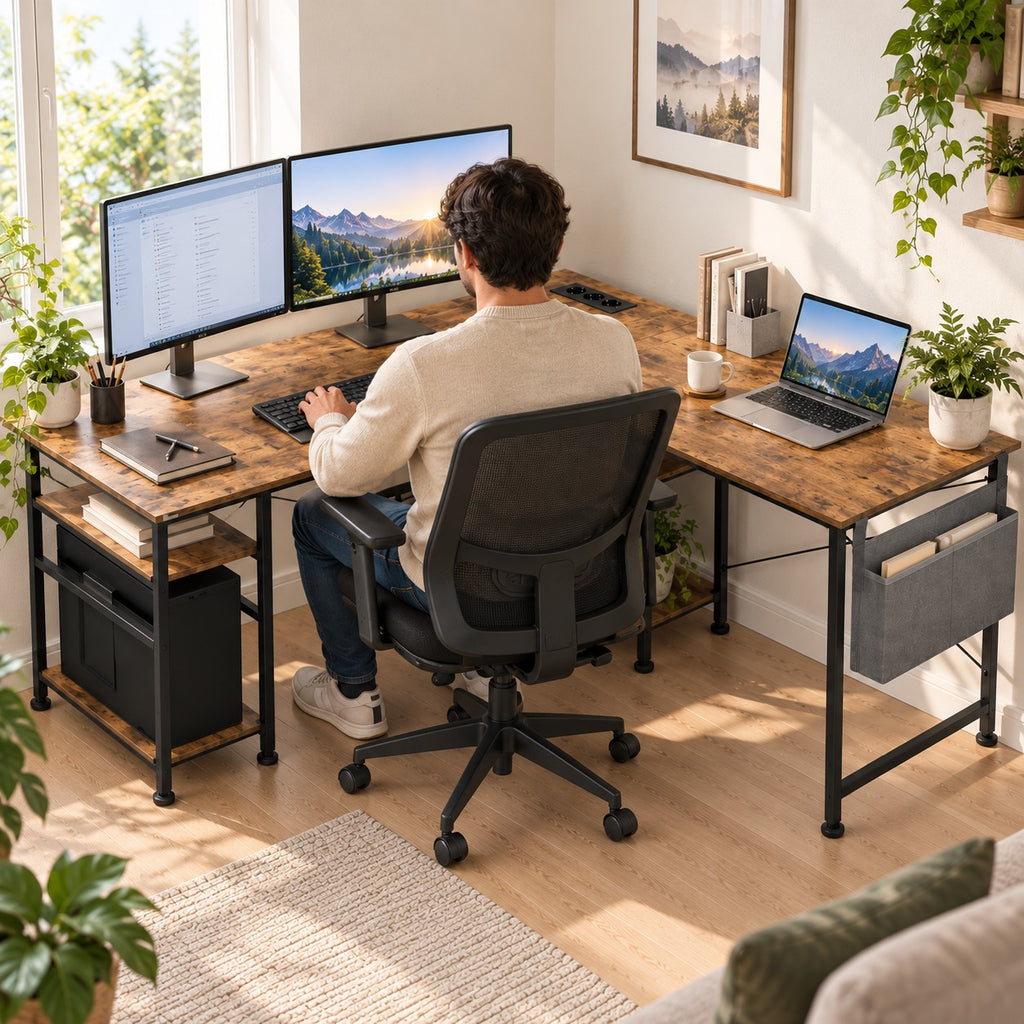 Homme travaillant au bureau d'angle modulable devant deux écrans, vu de dos