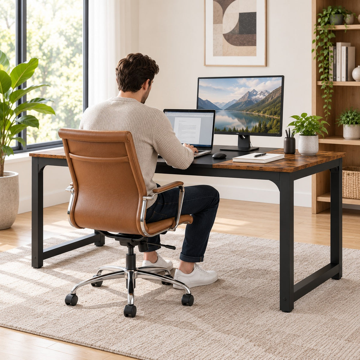 Homme travaillant au grand bureau 160 x 80 cm, vu de dos