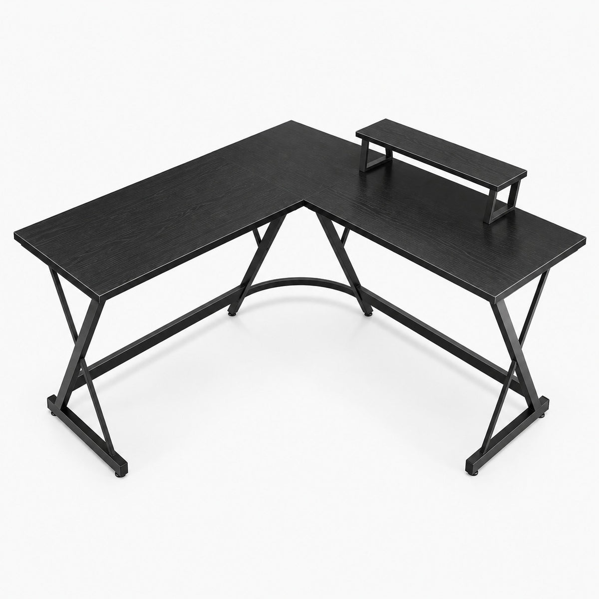 Bureau d'angle en L 127 x 127 cm noir carbone avec support d'écran, vue de trois quarts