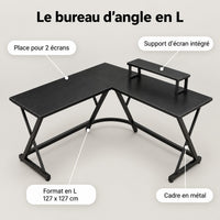 Points forts du bureau d'angle en L : place pour 2 écrans, support d'écran intégré, format 127 x 127 cm, cadre en métal