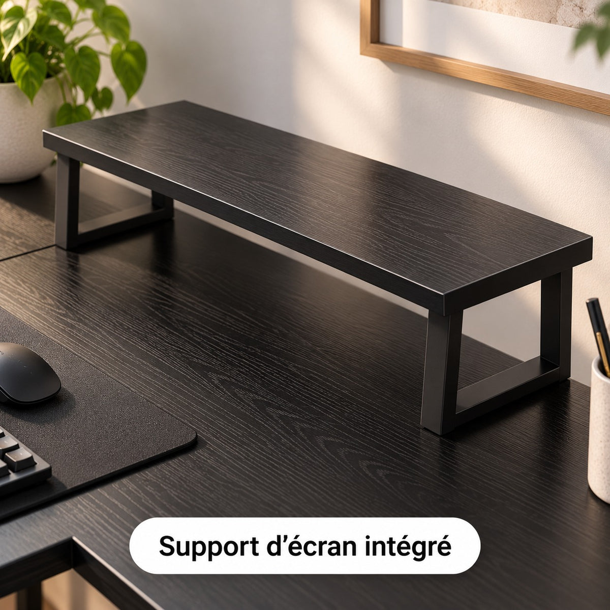 Gros plan sur le support d'écran intégré du bureau d'angle