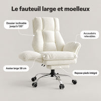 Points forts du fauteuil large : dossier inclinable jusqu'à 135°, accoudoirs relevables, assise large 58 cm, repose-pieds intégré
