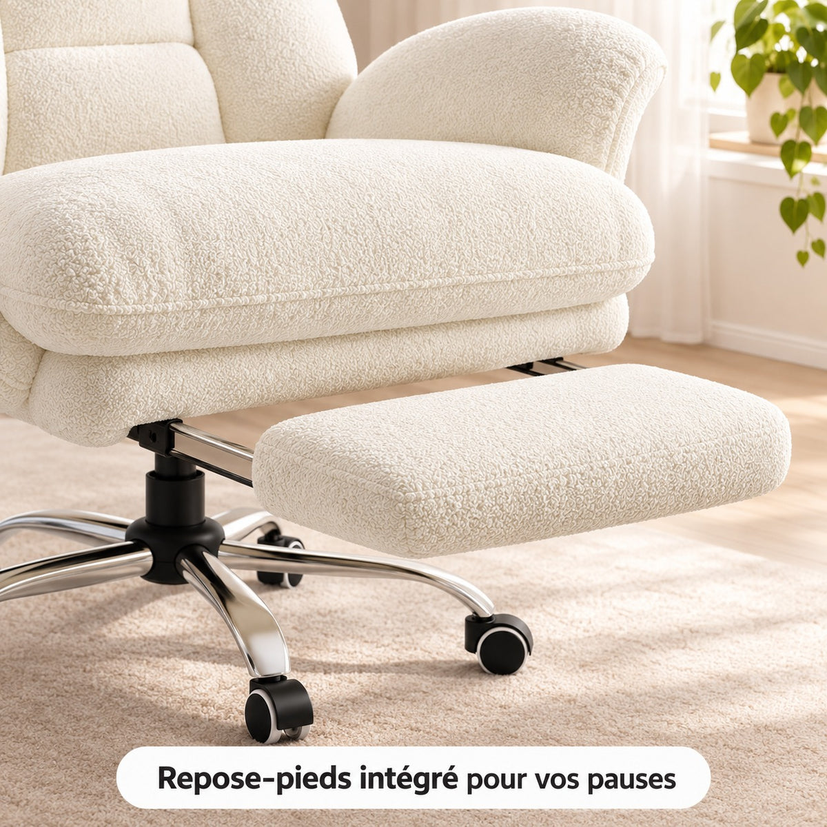 Gros plan sur le repose-pieds intégré du fauteuil en tissu teddy