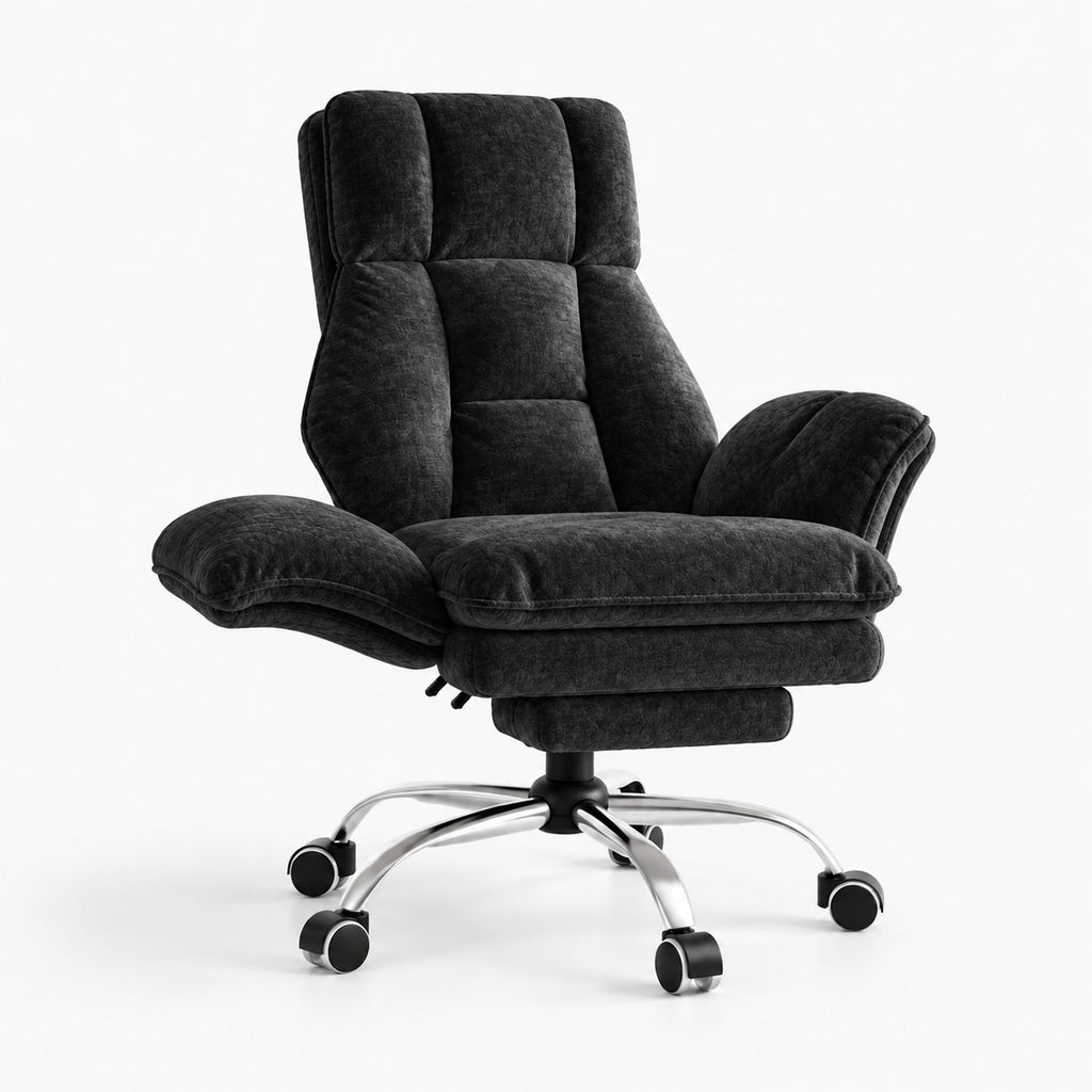 Chaise de bureau large inclinable avec repose-pieds coloris noir chenille brillante