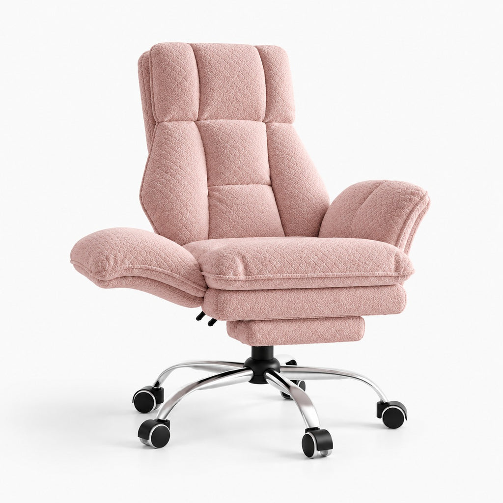 Chaise de bureau large inclinable avec repose-pieds coloris rose tissu teddy