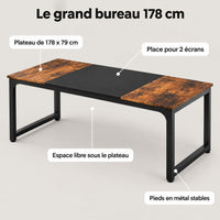 Points forts du grand bureau 178 cm : place pour deux écrans et une imprimante, dégagement sous le plateau