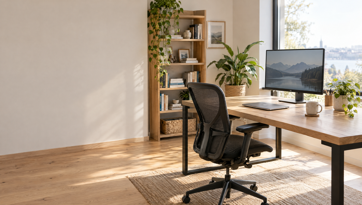 Bureau en bois clair dans un bureau à domicile lumineux