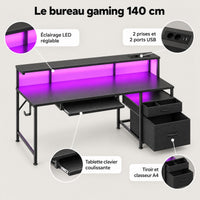 Points forts du bureau gaming 140 cm : éclairage LED réglable, 2 prises et 2 ports USB, tablette clavier coulissante, tiroir et classeur A4