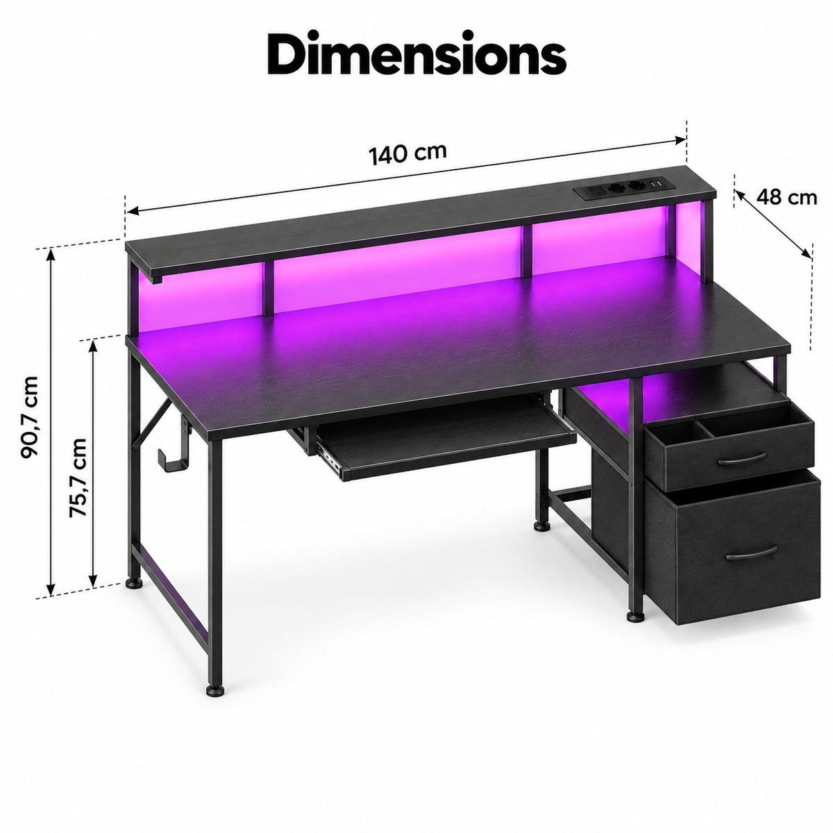 Dimensions du bureau gaming : 140 x 48 cm, hauteur 75,7 cm et 90,7 cm avec l'étagère