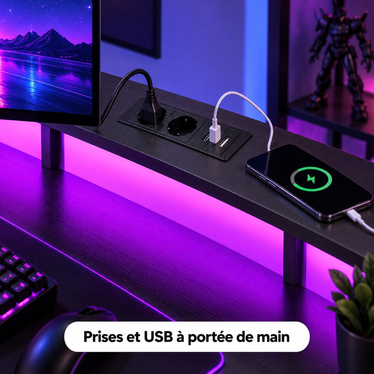 Gros plan sur les prises et ports USB de l'étagère du bureau gaming