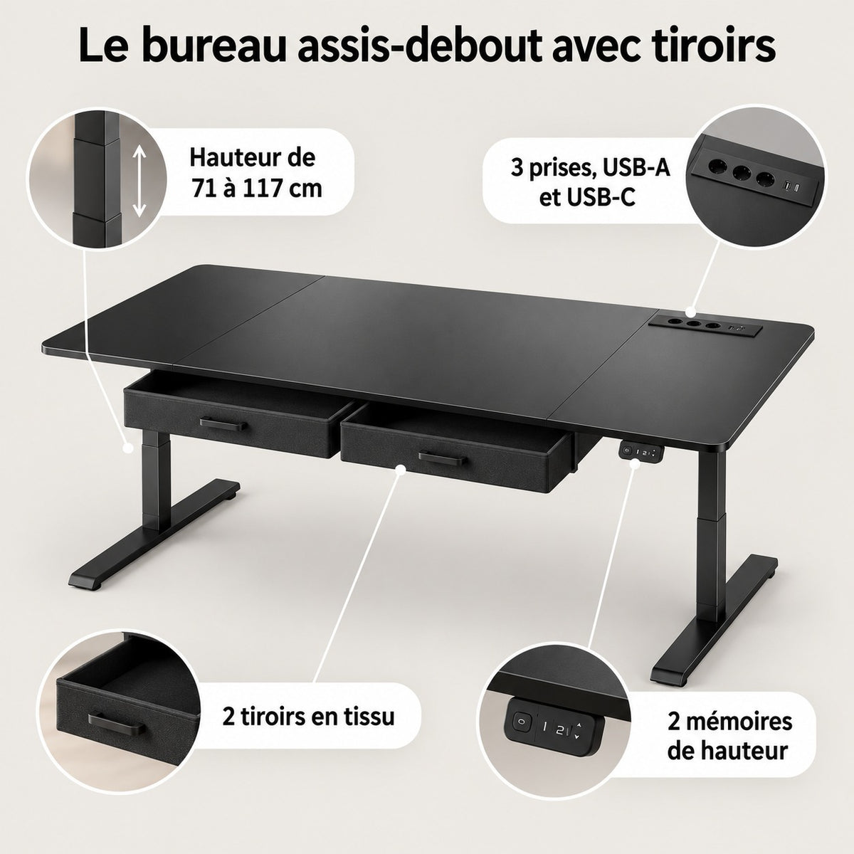 Bureau assis-debout Lina noir – points forts