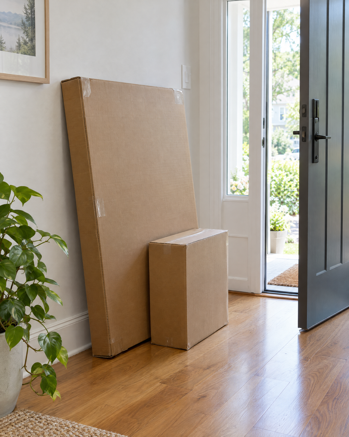 Colis de meuble livré dans l'entrée d'un appartement Image