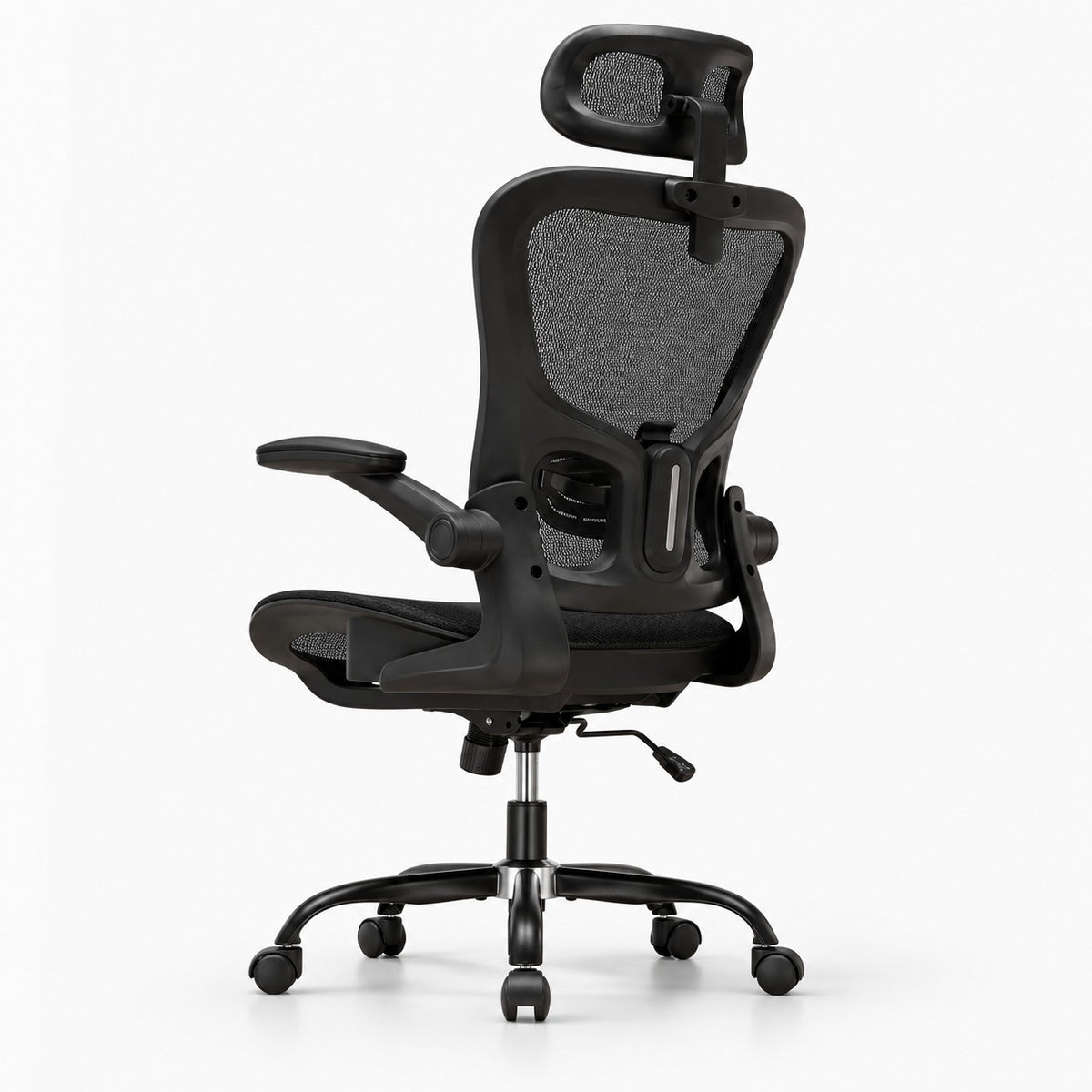 Chaise de bureau ergonomique 150 kg avec appui-tête noire, vue de trois quarts