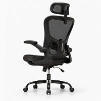 Chaise de bureau ergonomique 150 kg avec appui-tête noire, vue de trois quarts