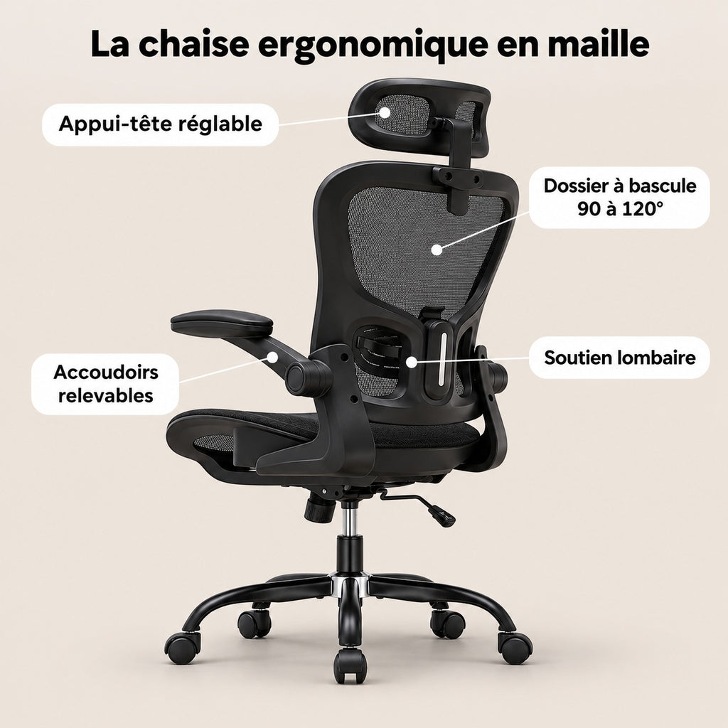 Points forts de la chaise ergonomique en maille : appui-tête réglable, dossier à bascule de 90 à 120°, accoudoirs relevables, soutien lombaire
