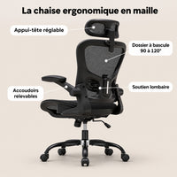Points forts de la chaise ergonomique en maille : appui-tête réglable, dossier à bascule de 90 à 120°, accoudoirs relevables, soutien lombaire