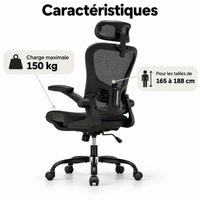Caractéristiques de la chaise ergonomique : charge maximale 150 kg, pour les tailles de 165 à 188 cm