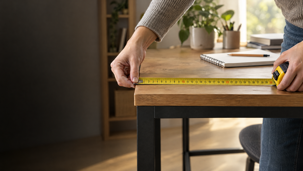 Mesure de la largeur d'un plateau de bureau au mètre ruban